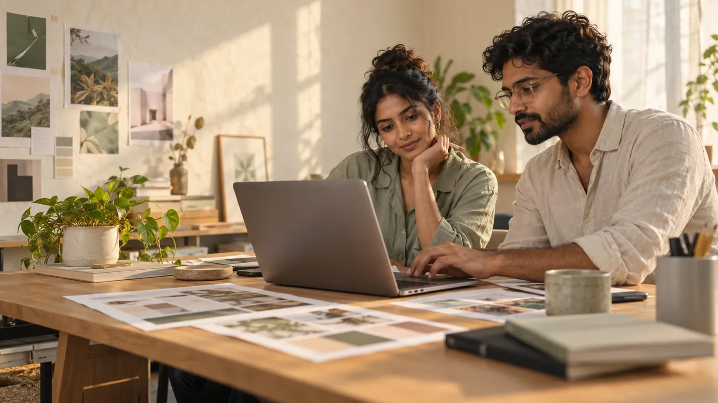 Two creative professionals reviewing a project together in a sunlit studio